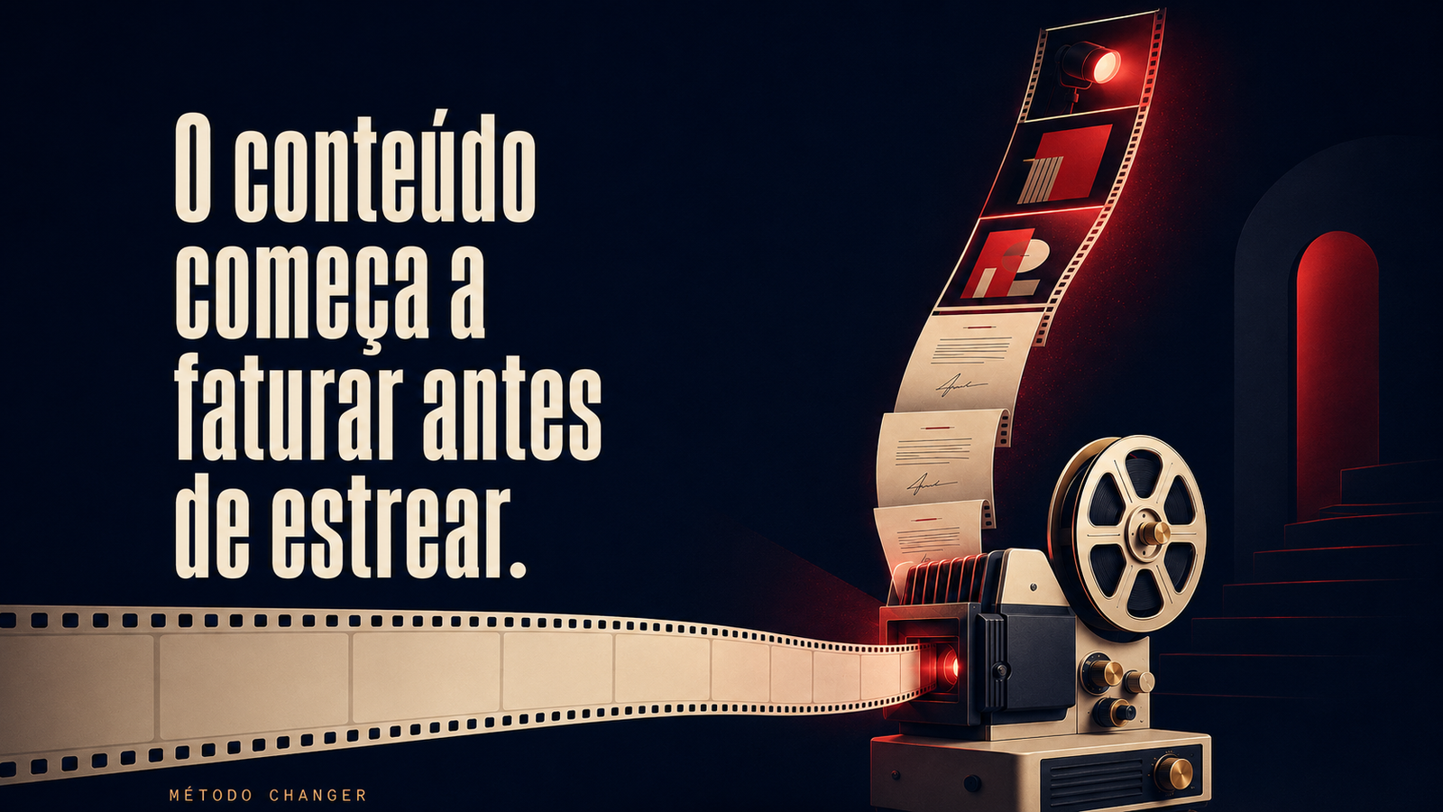 Projetor de cinema retrô transformando conteúdo futuro em contratos, representando a lógica dos upfronts.
