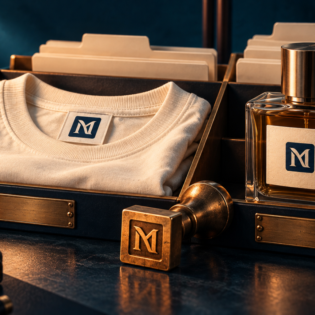 Camiseta e perfume com a mesma marca em compartimentos distintos, representando a proteção em diferentes classes de Nice.