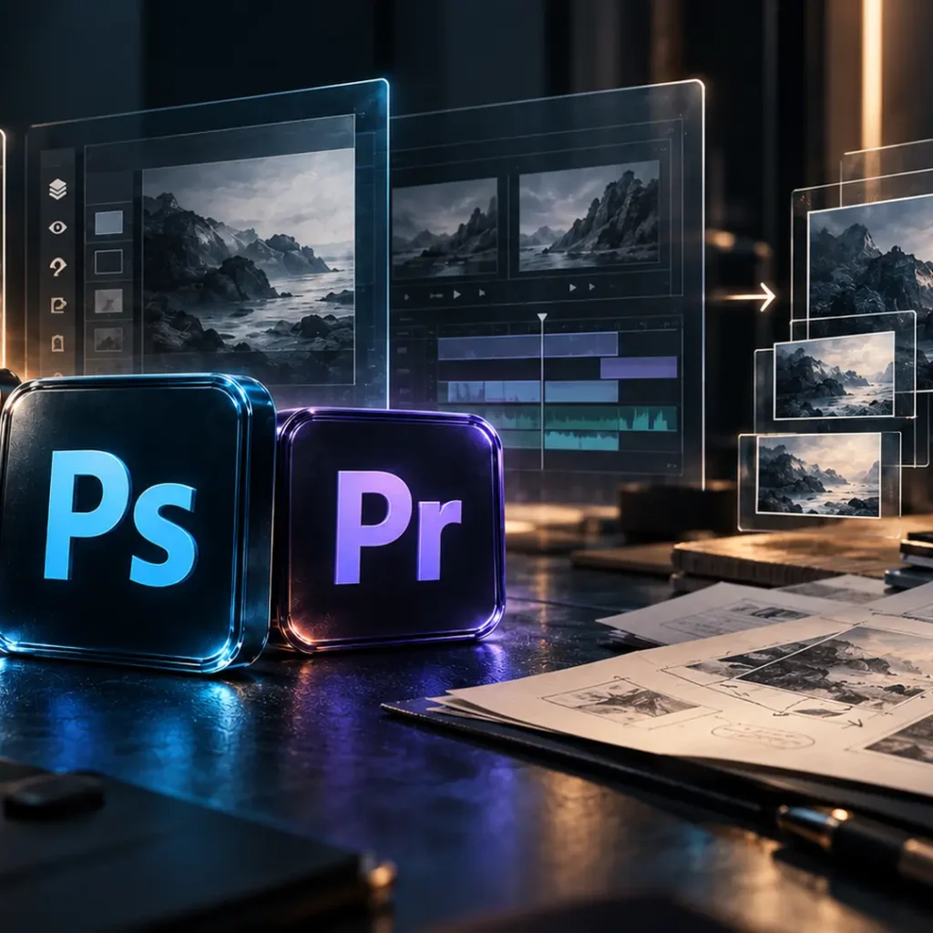 Ilustração editorial com referências a Photoshop, Illustrator e Premiere em camadas de vidro, ao lado de versões documentadas de uma criação, representando reimplementação de software e autoria.