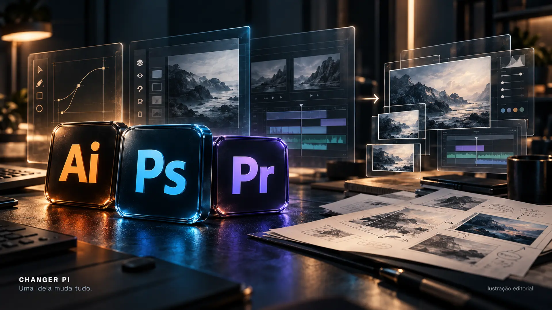 Ilustração editorial com referências a Photoshop, Illustrator e Premiere em camadas de vidro, ao lado de versões documentadas de uma criação, representando reimplementação de software e autoria.