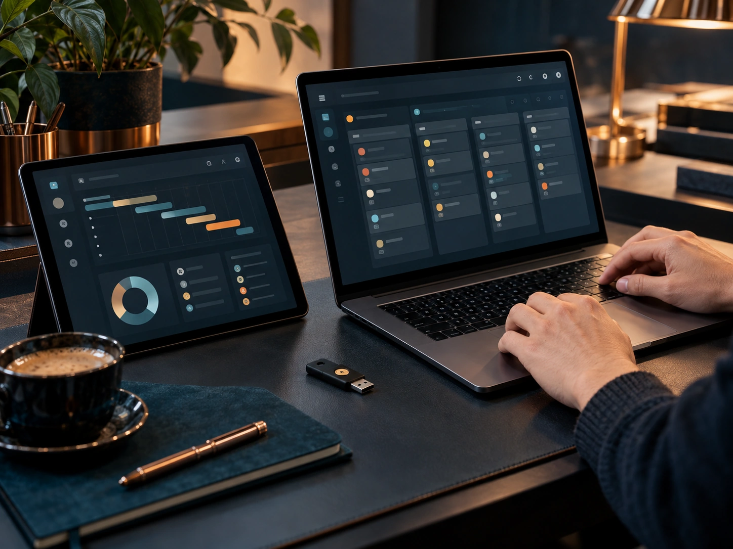 Aplicação de software em uso num computador e num tablet