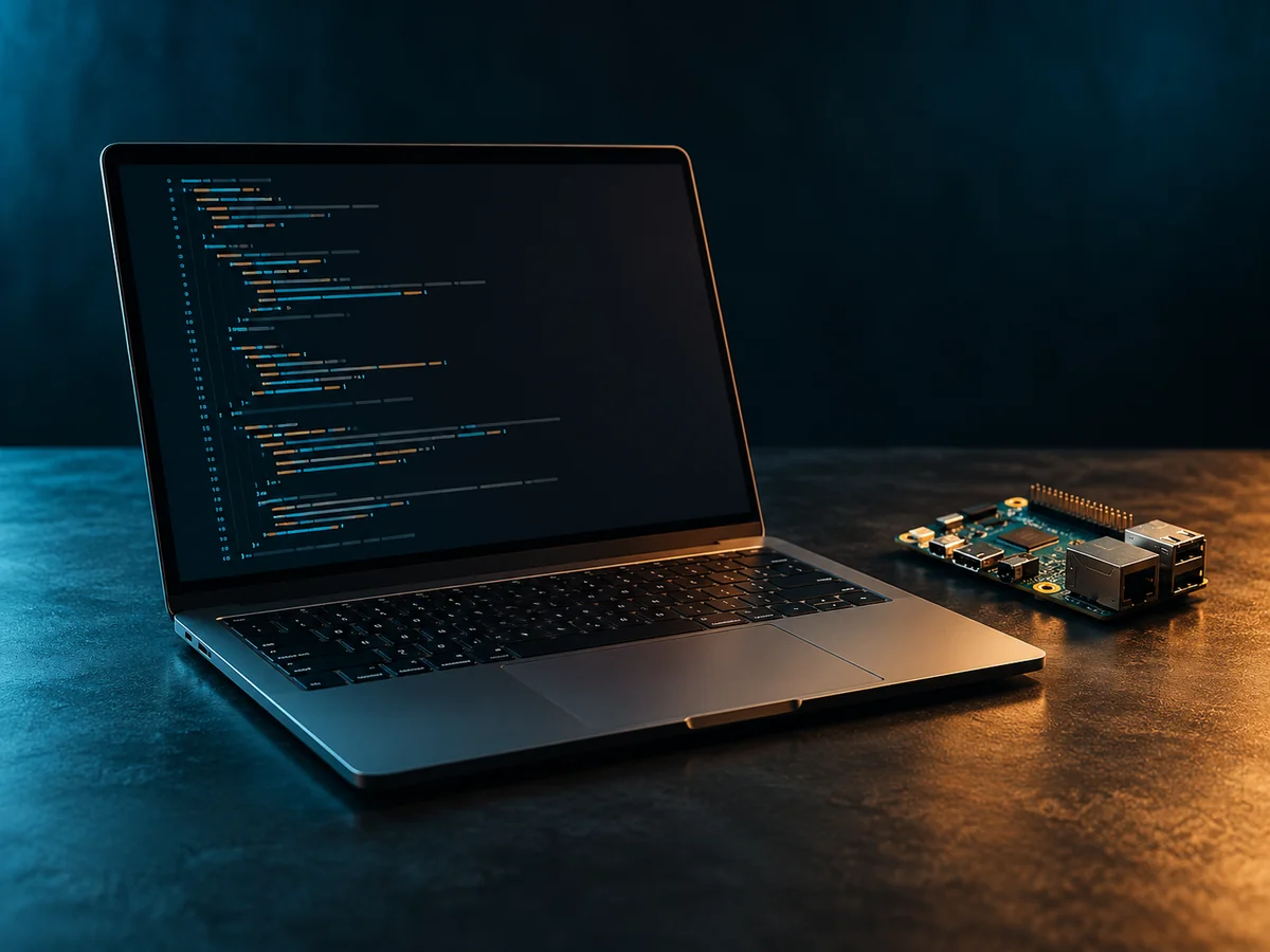 Computador com código e circuito eletrônico, criação digital
